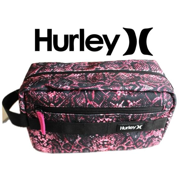 HURLEY COSMETICS BAG TRAVEL VIVID PINK BLACK SNAKE PRINT VERSATILE ANIMAL PRINT - Picture 1 of 16